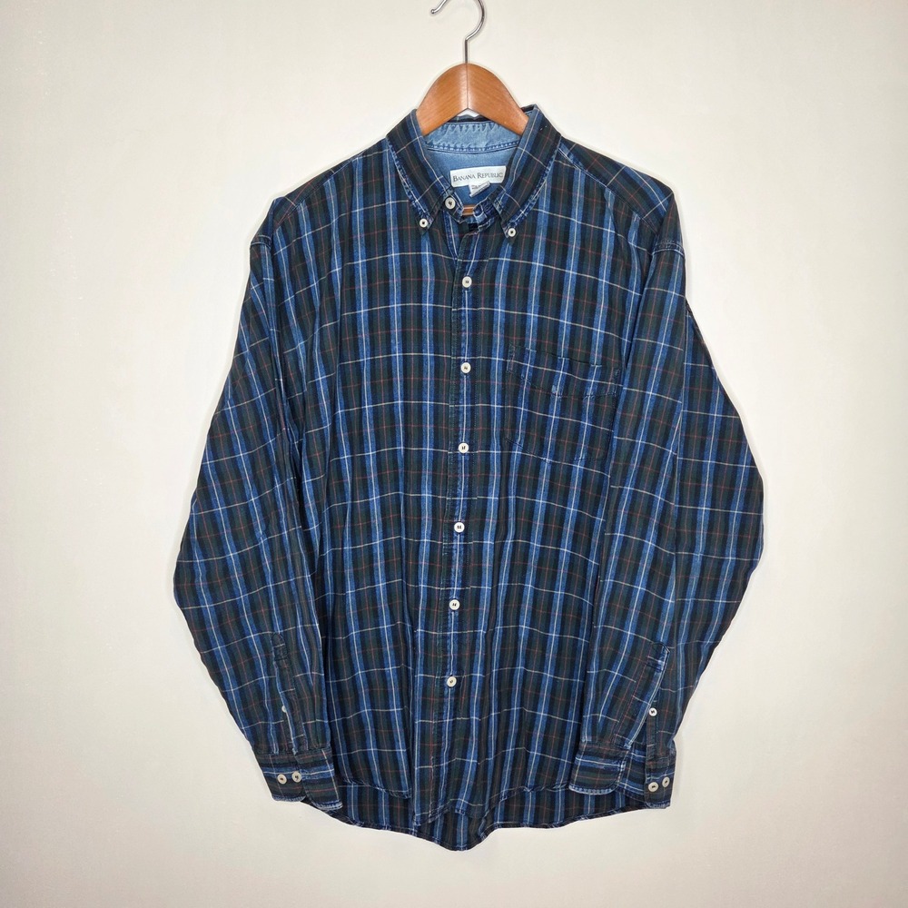 Vintage‎ Y2K Banana Republic Mens Large Blue Plaid Cotton Button Down Shirt L
